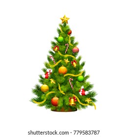 Christmas tree green with toys, cartoon on white background, vector