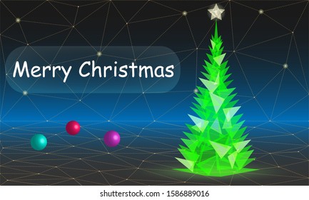 Christmas tree of green triangles on the background of triangles. Text, template, postcard. Vector illustration.