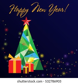 Christmas tree. Greeting card, banner, card,  Happy New Year. Congratulations. On a dark blue background tree with gifts and garland.