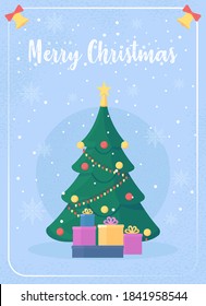 Christmas tree greeting card flat vector template. Happy winter holidays. Festive season decoration. Brochure, booklet one page concept design with cartoon characters. Merry Xmas flyer, leaflet