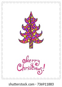 Christmas tree greeting card with frame. Bottom of the card congratulations Merry Christmas!