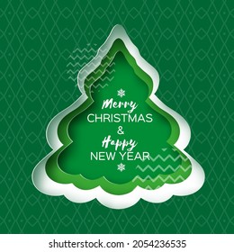 Christmas tree Greeting card. Happy New Year and Merry Christmas. Winter Holidays paper craft style. Green.