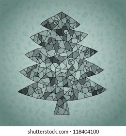Christmas Tree Greeting Card ... made of spider-web-like structure on gradient background in blue