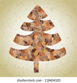 Christmas Tree Greeting Card ... made of small mosaic pieces in brown colors, on gradient background