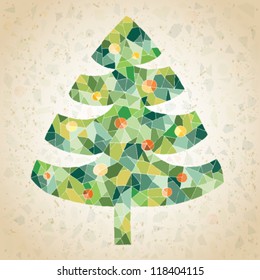 Christmas Tree Greeting Card ... made of small mosaic pieces in green colors, on gradient background
