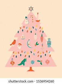 Christmas tree greeting card or poster in retro mid century style. Winter holiday illustration in vector.