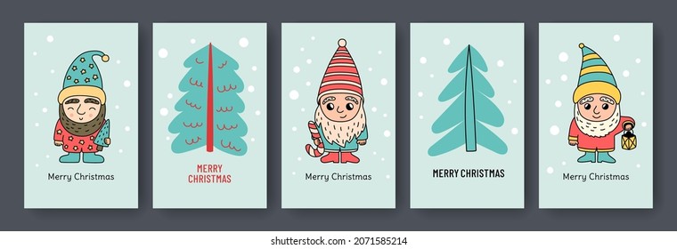 Christmas tree greeting card set. Little gnomes. Hand drawn gnome sketch. Cartoon vector illustration. Cute dwarfs characters with candy cane and lantern