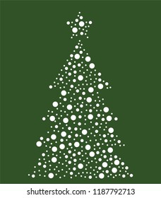 Christmas tree at greeting card. Snowfall in christmas tree. Vector art with dots different size. Template for laser cutting. Large and small dots in triangle shape.