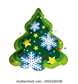 Christmas Tree Greeting card with Stars and Snowflakes. Happy New Year and Merry Christmas. Winter Holidays paper craft style.