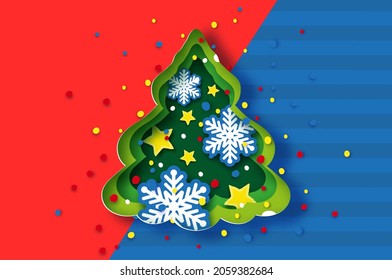 Christmas Tree Greeting card with Stars and Snowflakes. Happy New Year and Merry Christmas. Winter Holidays paper craft style.