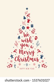 Christmas tree greeting text calligraphy with icon ornament elements red blue background