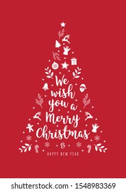 Christmas tree greeting text calligraphy with icon ornament elements red background