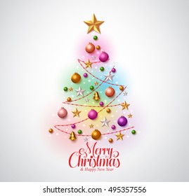 Christmas tree greetings card design with colorful christmas objects and typography with star in white background. Vector illustration.
