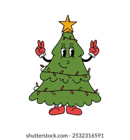 Árvore de Natal Vetor de linha Groovy. Personagem de 70s 60s 50s desenhado à mão em estilo moderno. Feliz Natal e Feliz Ano Novo