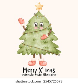 Christmas tree, groovy, retro, watercolor christmas. Groovy christmas