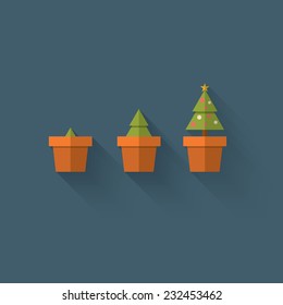 Christmas tree growing in the pot with star and decorations. Creative Christmas card design. Eps10 vector illustration