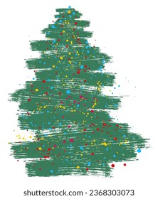 Christmas tree, grunge brush drawing art. Beautiful doodle spruce (fir tree) with color paint blots (garland). Vector illustration.