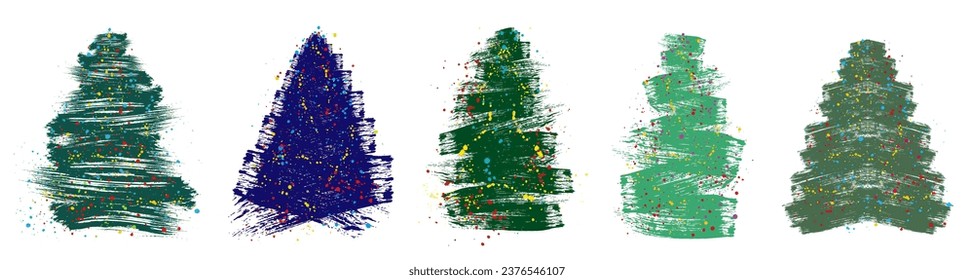 Christmas tree, grunge brush drawing art. Set of beautiful doodle spruce with color paint blots as garland. Vector illustration.