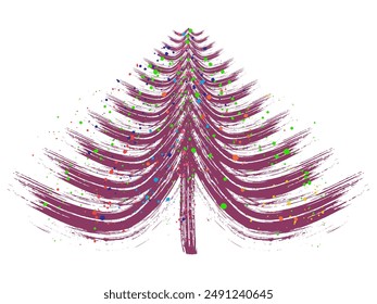 Christmas tree, grunge brush drawing art. Beautiful doodle spruce (fir tree) with color paint blots (garland). Vector illustration.