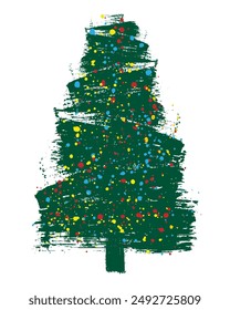 Christmas tree, grunge brush drawing art. Beautiful doodle spruce (fir tree) with color paint blots (garland). Vector illustration.