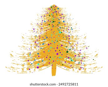 Christmas tree, grunge brush drawing art. Beautiful doodle spruce (fir tree) with color paint blots (garland). Vector illustration.