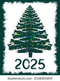 Christmas tree, grunge brush drawing art. New year greeting card. Vector illustration.