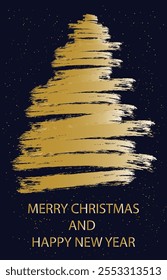 Christmas tree, grunge brush drawing art. Merry Christmas greeting card. Vector illustration.