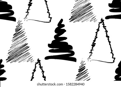 Christmas tree grunge hand drawn painted Artistic seamless pattern. Endless holiday background. EPS10 vector.