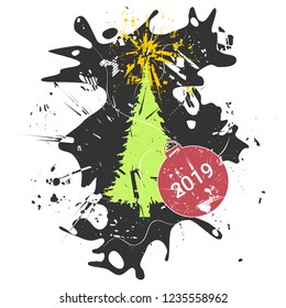 Christmas tree. Grunge vector illustration of New Year conception.