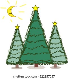 Christmas tree and half moon vector , hand drawn vector