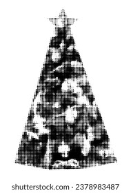 Christmas tree halftone collage element. Fir tree decorated with vintage ornaments, star on top. Xmas cutout magazine shape, modern retro grunge vector illustration isolated on transparent background