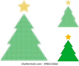 Christmas tree halftone dotted icon. Halftone array contains circle elements. Vector illustration of christmas tree icon on a white background.