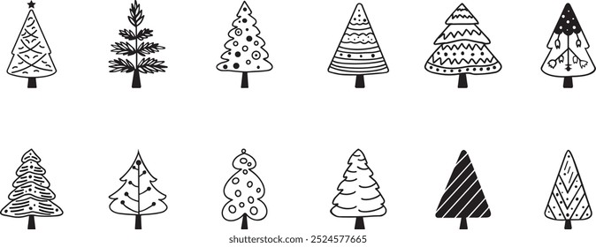 Christmas Tree Hand drawing, Mono line art, decoration for Christmas.