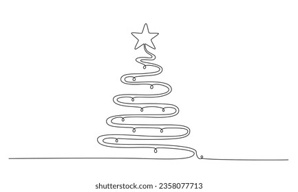 Christmas tree - hand drawing one single continuous line. Vector stock illustration isolated on white background for design template winter banner, greeting card, invitation. Editable stroke. EPS 10