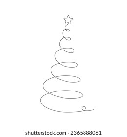 Christmas tree - hand drawing one single continuous line. Vector stock illustration isolated on white background for design template winter banner, greeting card, invitation. Editable stroke. EPS 10. 