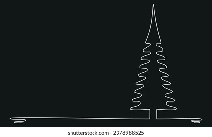 Christmas tree - hand drawing one single continuous line. Vector stock illustration isolated on black background for design template winter banner, greeting card, invitation. Editable stroke. EPS 10. 