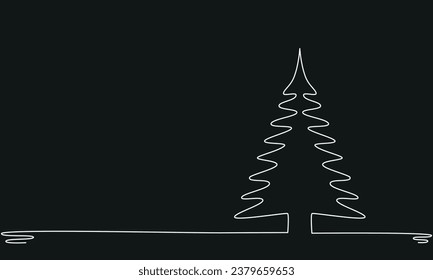 Christmas tree - hand drawing one single continuous line. Vector stock illustration isolated on black background for design template winter banner, greeting card, invitation. Editable stroke. EPS 10. 