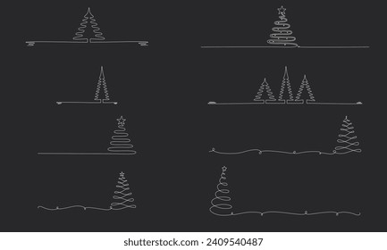 Christmas tree - hand drawing one single continuous line set. Vector stock illustration isolated on background for design template winter banner, greeting card, invitation. Editable stroke. EPS 10. 