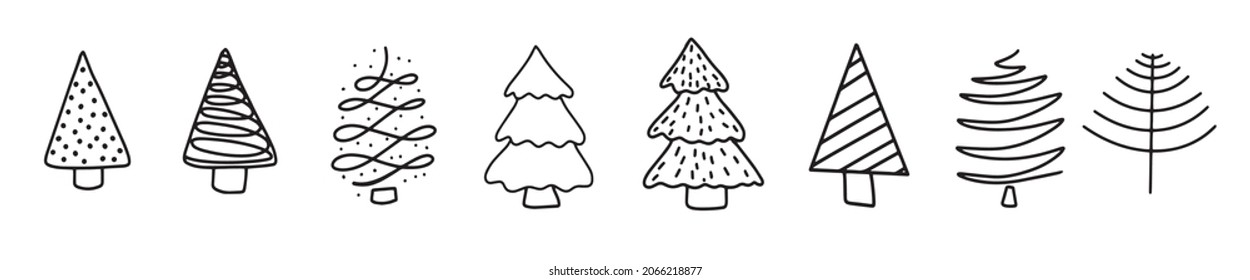 Árbol de Navidad. Dibujaron a mano 8 íconos de árboles de navidad para tarjetas de felicitación, fondos de vacaciones, decoraciones. Ilustración vectorial de árboles lineales. Juego de doodles. Fondo forestal.