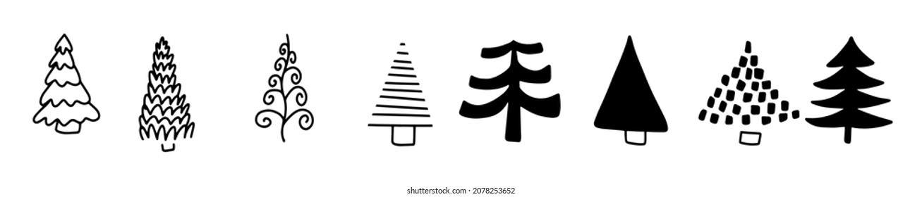 Christmas tree. Hand Drawn 8 Doodle Christmas Tree Icons. Vector illustration of line trees. Doodle set. Forest background.