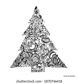 Weihnachtsbaum mit handgezeichnet abstrakter Zentwinkelzeichnung. Schwarz-Weiß-Vektorrahmen mit Linien-Kunst. Elemente einzeln auf Weiß.  Für die Saison Grußkarten, Poster.
