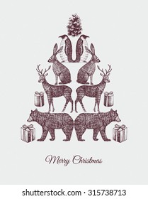 Christmas tree. Hand drawn animal mirror print 