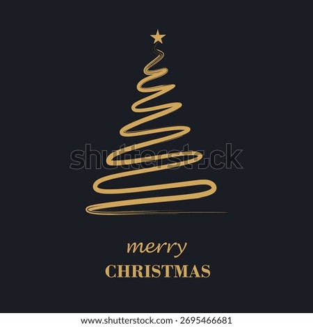 Christmas tree hand drawn brush stroke and words Merry Christmas in golden color. Luxury design for christmas invitation card. Tree silhouette with star. Colored flat vector illustration