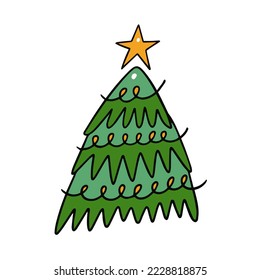 Christmas tree hand drawn colored vector art illustration isolated on white background.