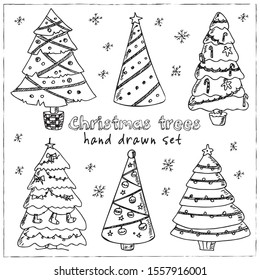 Christmas tree  hand drawn doodle set. Vector illustration. Isolated elements on white background. Symbol collection.