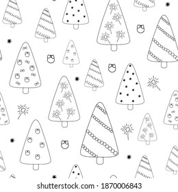 Christmas tree hand drawn doodle style seamless vector pattern. Minimalist  winter holiday decor illustration. Happy holiday  family celebration or gathering celebration design, festive mood pattern.
