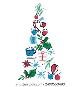 Árbol de Navidad con Elementos de doodle dibujados a mano. Ilustración vectorial