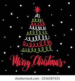 Christmas tree hand drawn doodle vector illustration, Merry Christmas hand written lettering, holiday card.
