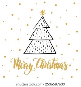 Natal mão árvore desenhada doodle ilustração vetor, Feliz Natal mão escrita lettering, cartão de férias.
