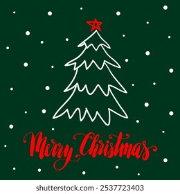 Christmas tree hand drawn doodle vector illustration, Merry Christmas hand written lettering, holiday card.